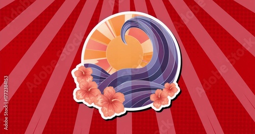 Showing circular motif shining on red burst background, with golden sun, purple wave and hibiscus