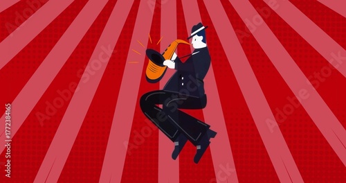 Photography Suspending musician in suit and fedora playing golden saxophone on red beams, wi