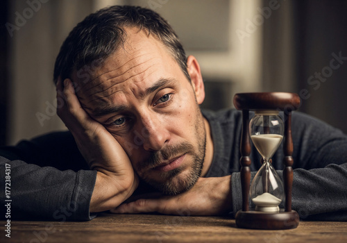 a pensive sad man with an hourglass . Generative AI