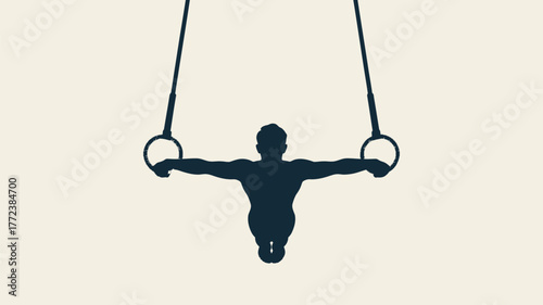 Silhouette of gymnast performing on rings against a light background in a studio setting view