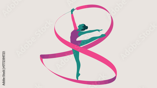 A rhythmic gymnast with a pink ribbon performing a pose on a light background in a flat design style
