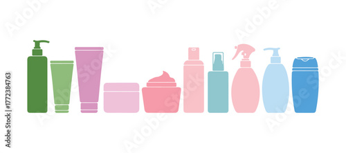 A collection of different silhouettes of cosmetic bottles, tubes, and jars. The clipart features containers for Cream, Lotion, Shampoo, Spray, Soap, Shower Gel, and Foam.