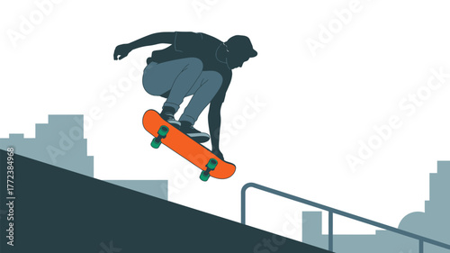 A skateboarder performing a trick in the air with a cityscape in the background on a white sky day