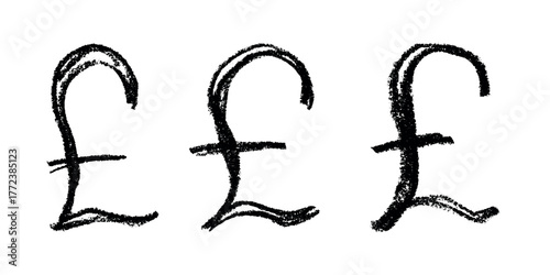 Set of hand drawn british pound currency symbol. Brush stroke doodle. Single element for design
