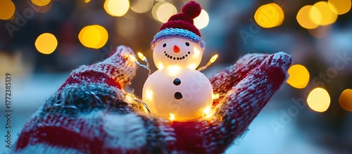 Female hands holding a cute happy Snowman