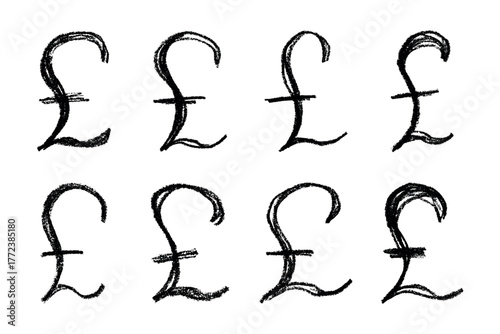 Set of hand drawn british pound currency symbol. Brush stroke doodle. Single element for design