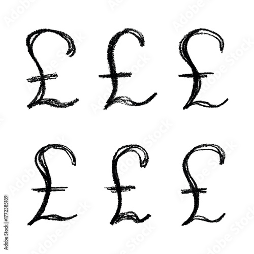 Set of hand drawn british pound currency symbol. Brush stroke doodle. Single element for design