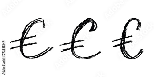 Set of hand drawn euro currency symbol. Brush stroke doodle. Single element for design