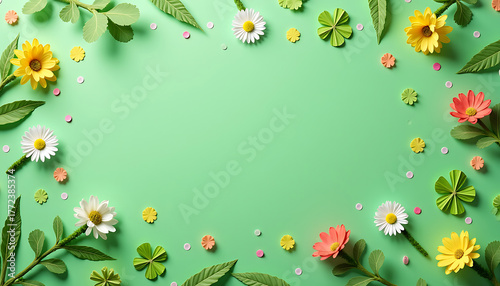 Paper Shamrocks and Flowers on Pastel Green Background for St. Patrick’s Day