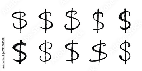 Set of hand drawn dollar currency symbol. Brush stroke doodle. Single element for design