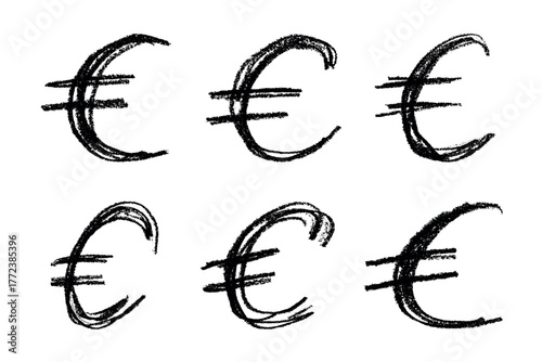 Set of hand drawn euro currency symbol. Brush stroke doodle. Single element for design