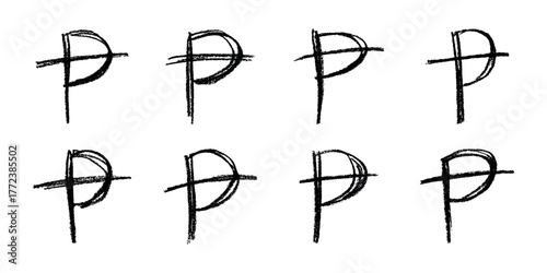 Set of hand drawn peseta currency symbol. Brush stroke doodle. Single element for design