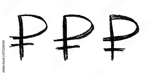 Set of hand drawn russian ruble currency symbol. Brush stroke doodle. Single element for design
