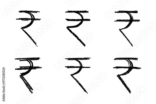 Set of hand drawn rupee currency symbol. Brush stroke doodle. Single element for design