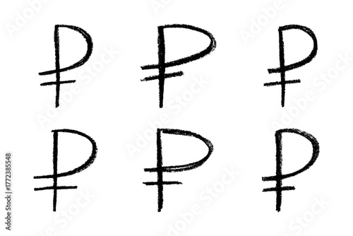 Set of hand drawn russian ruble currency symbol. Brush stroke doodle. Single element for design
