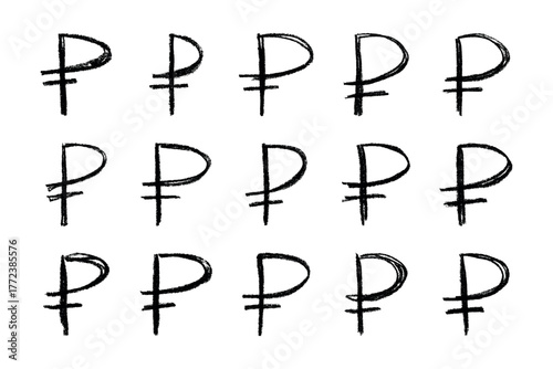 Set of hand drawn russian ruble currency symbol. Brush stroke doodle. Single element for design