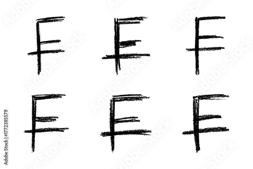 Set of hand drawn swiss franc currency symbol. Brush stroke doodle. Single element for design