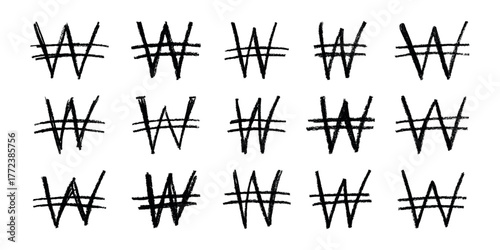Set of hand drawn won currency symbol. Brush stroke doodle. Single element for design
