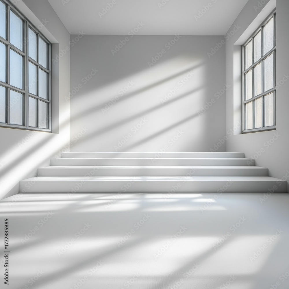Fototapeta premium Serene all white space with steps and windows casting shadows - envision limitless possibilities, a blank canvas for your creative vision and brand message