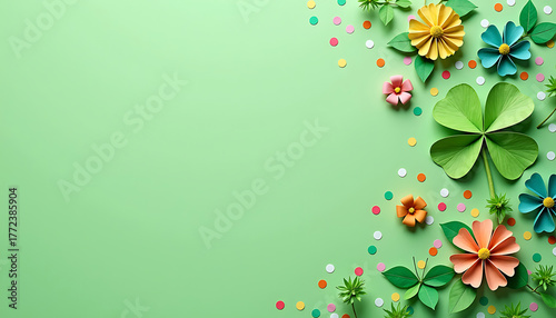 Paper Shamrocks and Flowers on Pastel Green Background for St. Patrick’s Day