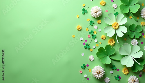 Paper Shamrocks and Flowers on Pastel Green Background for St. Patrick’s Day