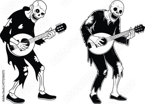 Skeleton musicians playing banjo guitar in Halloween costume, spooky undead characters performing music, creepy horror themed vector illustration artwork