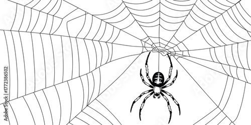 Spider hanging on detailed cobweb illustration for Halloween spooky decoration, horror themed graphic design, creepy insect and web artwork element