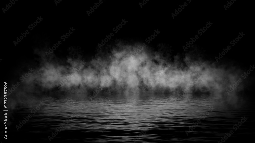 Fototapeta premium Abstract smoke steam moves on black background texture . The concept of aromatherapy. Reflection on water. Stock illustration.