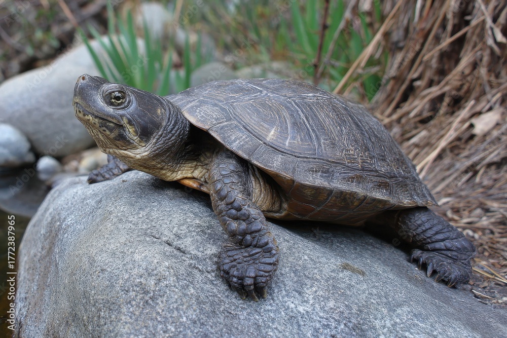 Fototapeta premium Charming California Western Pond Turtle Relaxing on a Sunlit Rock by a Serene Duck Pond