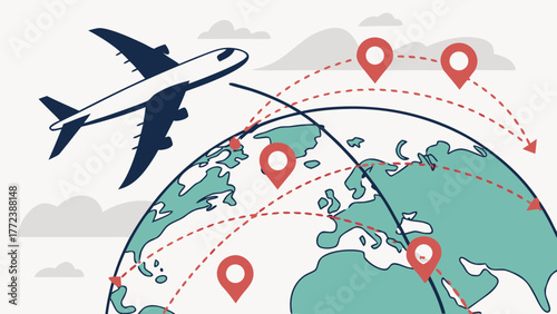 Airplane flying above world with destination pointers, travel concept
