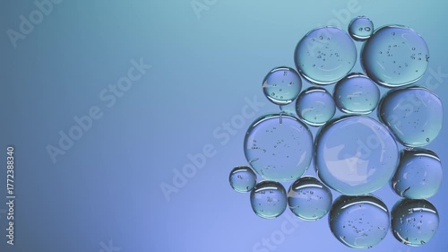 A clean and minimal 3D animation of transparent water bubbles floating in blue liquid. Perfect for use in skincare, cosmetics, hydration, purity, or science-themed videos and motion graphics projects.