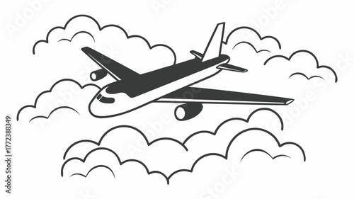 Airplane flying through the clouds, sketch style 