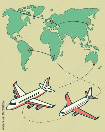 World map with flight routes and airplane illustration