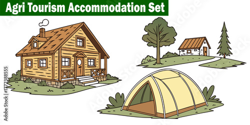 Agri Tourism Accommodation Set. Countryside Vacation Farm, Stay Lodging Rural Holiday Elements, Agricultural Landscape, Village, Travel Design Comfortable Living Vector.
