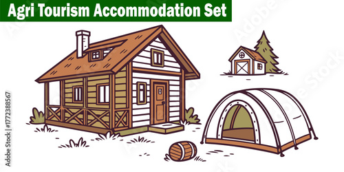 Agri Tourism Accommodation Set Illustration. Farm Stay Lodging Countryside Vacation. Rural Holiday Elements Village, Travel Design Agricultural, Hut Comfortable Living Vector.