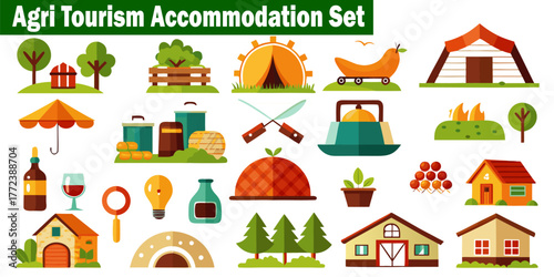 Agritourism Accommodation Set. Vector pictograms in a Flat Design Farm Stay Essentials with Tent, Cottage, Tools, Food Elements for Rural Tourism and Agriculture Concept.