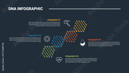 DNA science helix infographic process diagram with creative skew line direction with opposite description point with dark background bright outline style 4 points