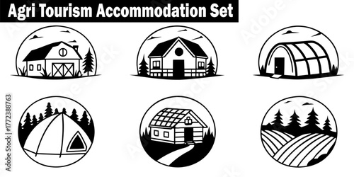 Agritourism Accommodation Icon Set. Depicting Rural Lodging Options, Barn House, Tent Huts, Farm Fields in Vector Style Accommodation Eco Agriculture Vacation,
