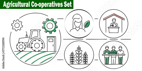 Graphic Agricultural Co-operatives Set. Featuring Farming and Tractor Icons Representing Organic Agriculture Cultivation in Farm Business.
