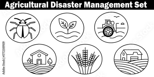 Agricultural Disaster Management Elements. Collection of Insects, Crop, Farm House, Tractor. Grain Field Flood and Harvest Insurance.