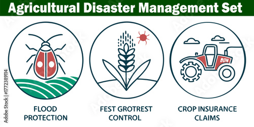 Agricultural Disaster Management Pictogram Set of Protection from Pests, Grotest Control and Crop Insurance Claims Vector Illustration. 