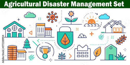 Agricultural Disaster Management Set Line Style Vector Illustration. Protection and Safety. Emergency and Aid. Crisis and Support. Agriculture and Farming.