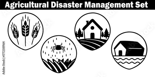 Agricultural Disaster Wheat Crops Icon Set. Vector Graphic Symbol Collection, Cereal Harvest, Farming Plant, Growth Field, Farmland, Spike Agriculture, Crop, Black and White.