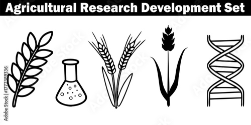 Agricultural Research and Development Set Illustration. Vector pictograms in a Plant, Flask, Wheat, Ear, and DNA Helix in Black and White Line Art Style on Transparent Background.