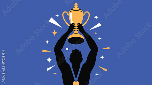 A silhouette of a person holding a golden trophy above their head with stars and medal around them