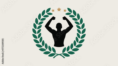 Silhouette of a muscular figure inside a wreath with two stars above on a light background color