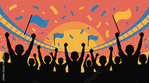 Silhouetted crowd cheering with flags and confetti in a stadium with colorful background design