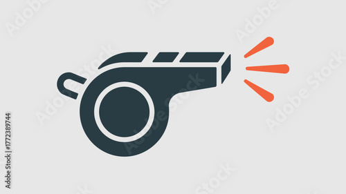 A dark gray whistle with a loop and orange sound waves on a white background in a simple illustration