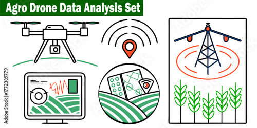 Agro Drone Data Analysis Icon Set. Farm Monitoring, GPS Tracking, and Wireless Communication in the Agriculture Industry Outline Vector.