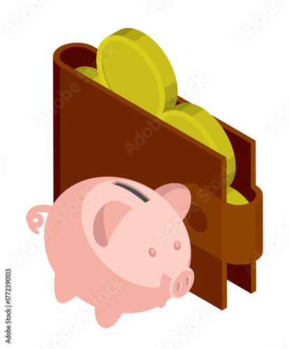 Isometric purse filled with gold coins next to a piggy bank. Isolated cartoon vector on white background top view